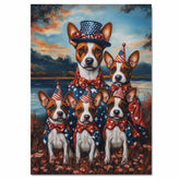 Basenji Dog Mom and Puppies in Patriotic Outfits with Party Hats and Bowties by Lakeside Sunset in a Colorful Americana Painting on Ready to Hang 1.5" Thick Canvas Wrap, Floating Framed Canvas, Flat Rolled Canvas